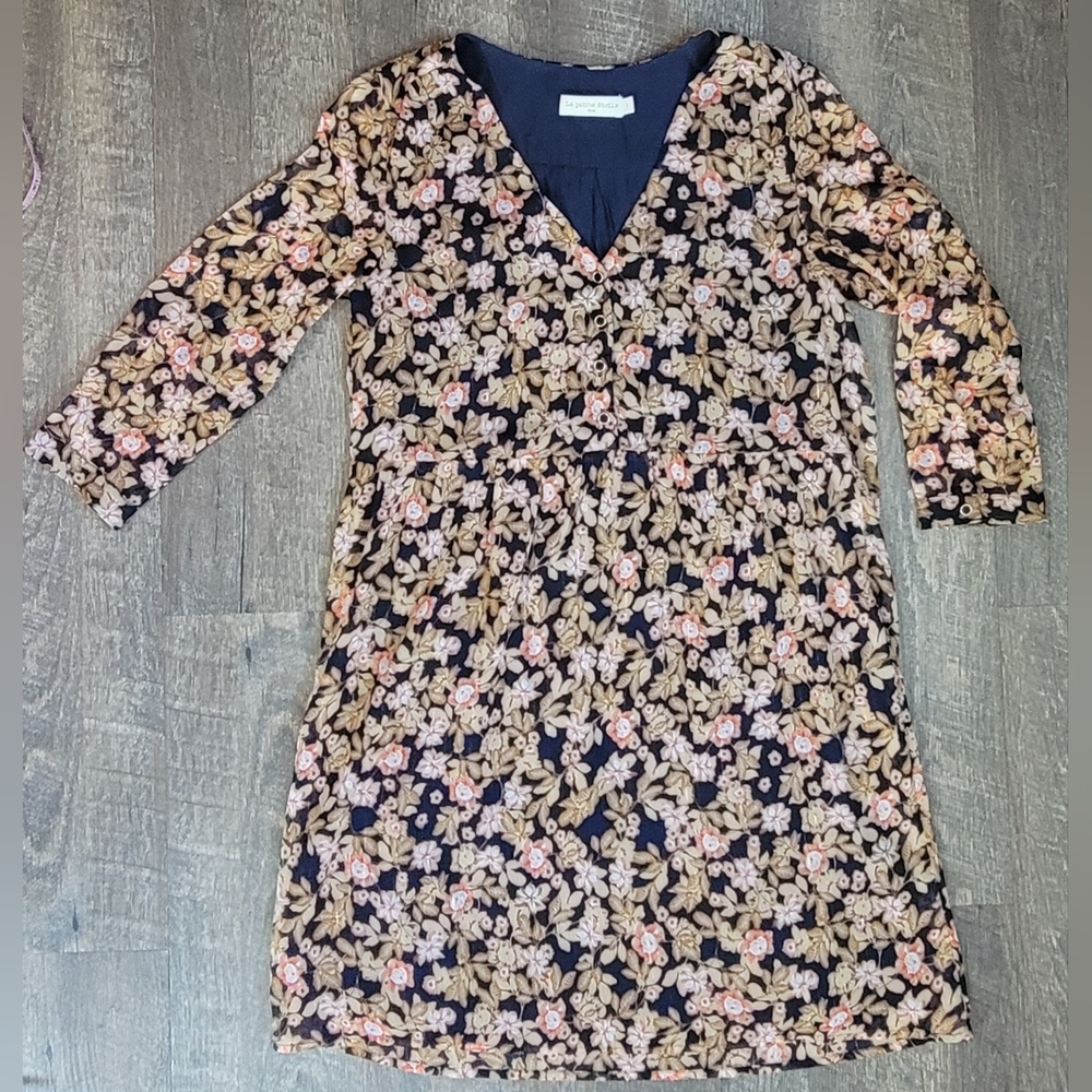 La Petiet Étolie Paris V-Neck Mini Dress Womens S Navy Tan Pink Floral Boho Flow - Picture 5 of 13